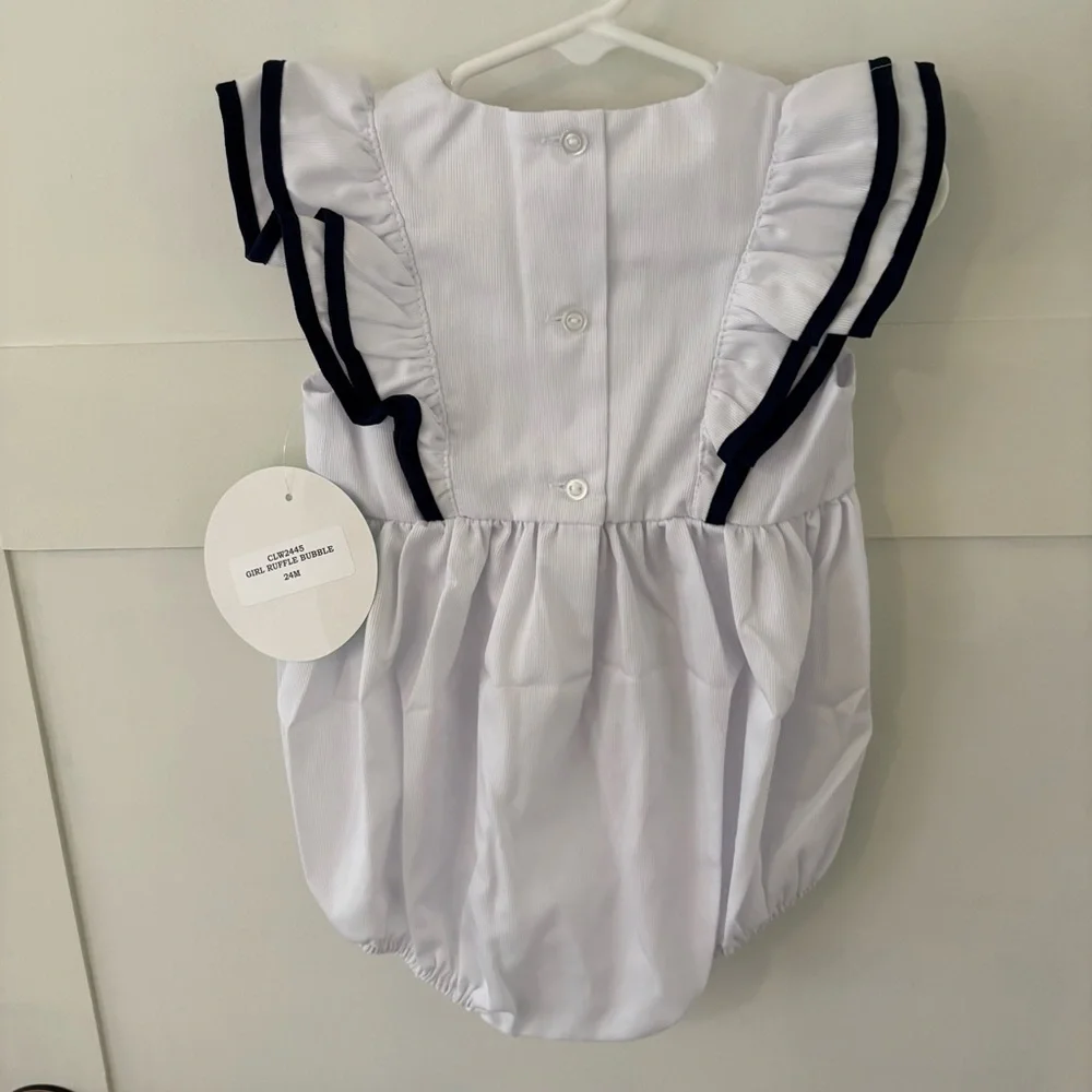 Classic Whimsy Flutter Sleeve Bubble Monogramable Romper. Size 24 months.
